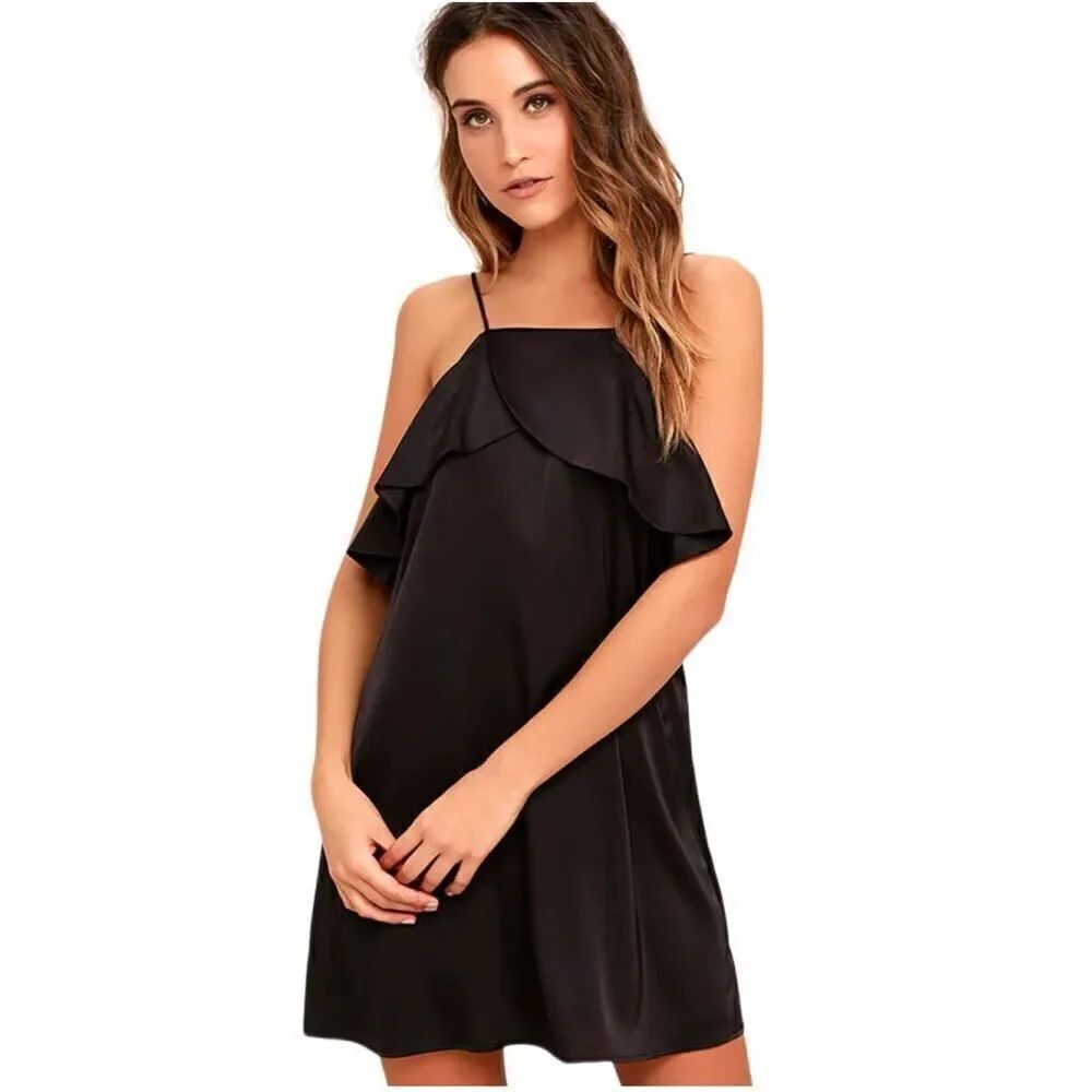 New! Lulus Spice Twirl Black Satin Mini-Dress Sz M